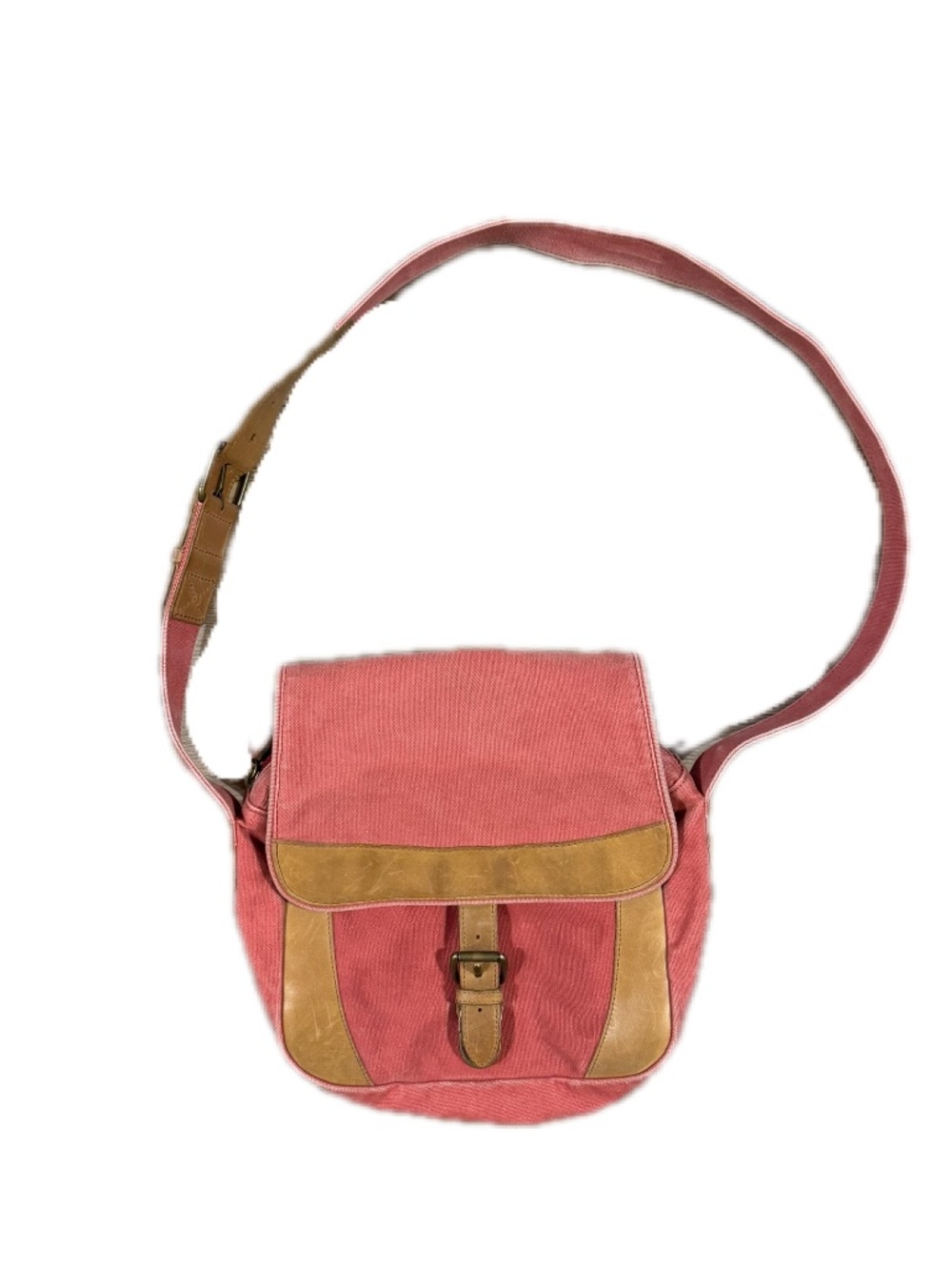 LL Bean PINK Canvas Field Messenger Shoulder Bag Brown Leather Trim Push Lock